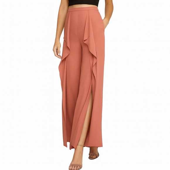 BCBGMaxAzria Jackee Office Siren Front Slit Wide Leg Ruffle Palazzo Pants M NWT - Picture 1 of 16